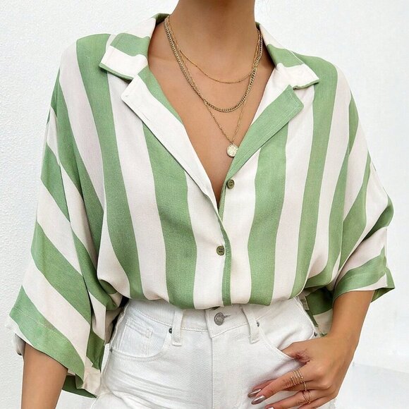 Green Casual Women's Batwing Sleeve Striped Shirt - Picture 5 of 6